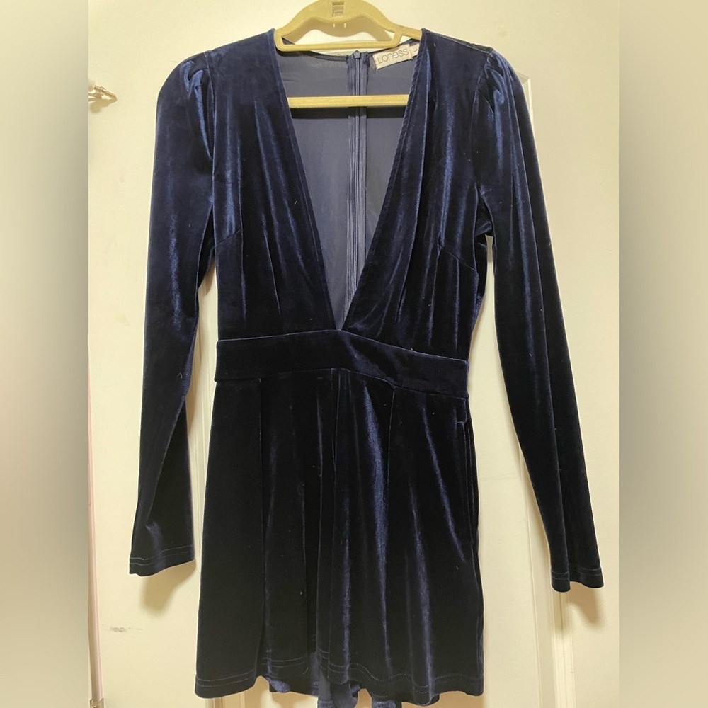 Navy blue velvet romper from Akira